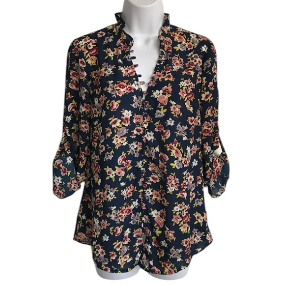 🔴 4/$15 EXPRESS Women’s S Portofino Slim Multi Floral Print Loop LS Blouse EUC - Picture 7 of 16